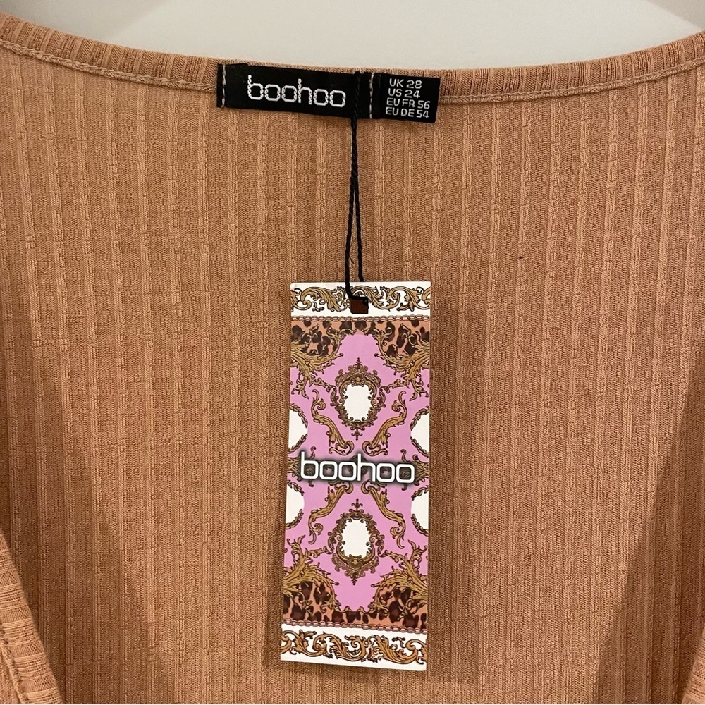 NWT Boohoo Tie-Front Ribbed Long Sleeve Smock Dress - Tan/Beige, Size 24W - Picture 3 of 4